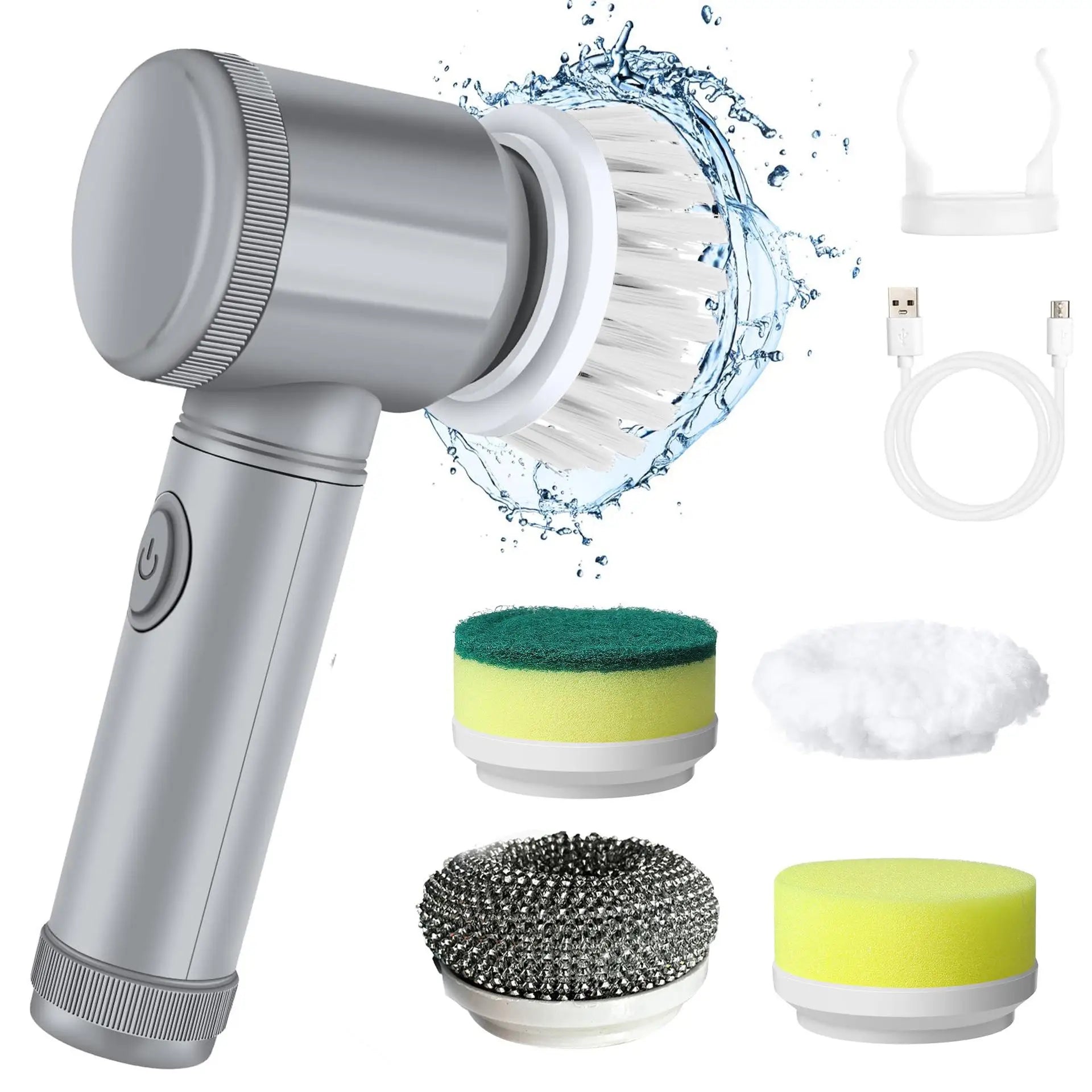 Grey 5-in-1 Wireless Electric Cleaning Brush Scrubber and accessories next to charging cable