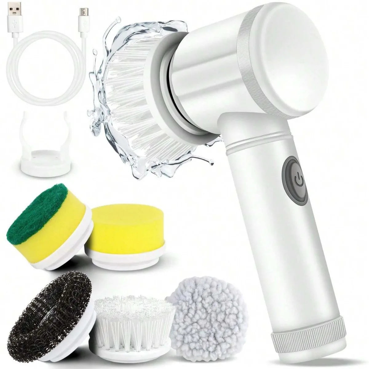 White 5-in-1 Wireless Electric Cleaning Brush Scrubber and accessories next to charging cable