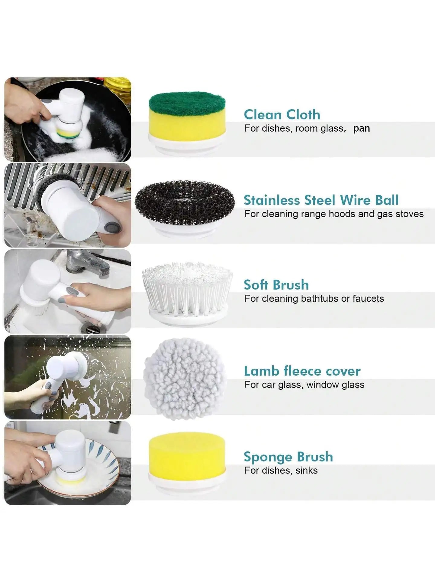 5-in-1 electric scrubber brush heads for kitchen, bathroom, and tile cleaning