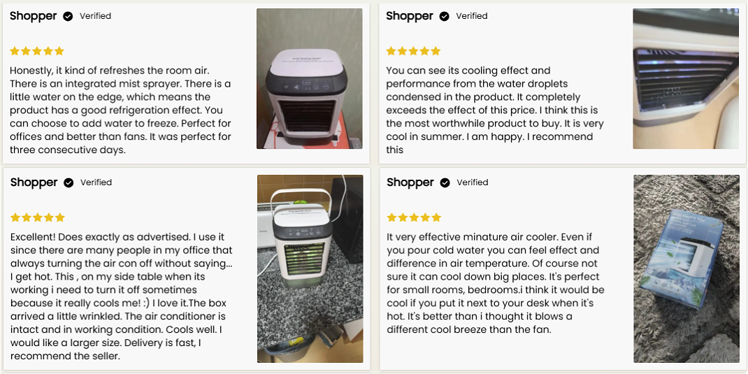 Product reviews for a small air cooler with images and text.
