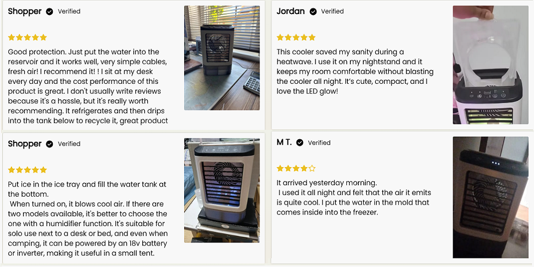 Product reviews with images of a cooler on a white background