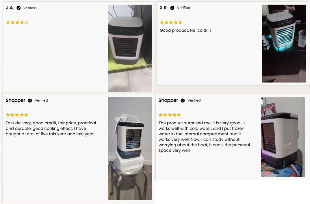 Product reviews of a portable air conditioner with customer feedback on a white background.